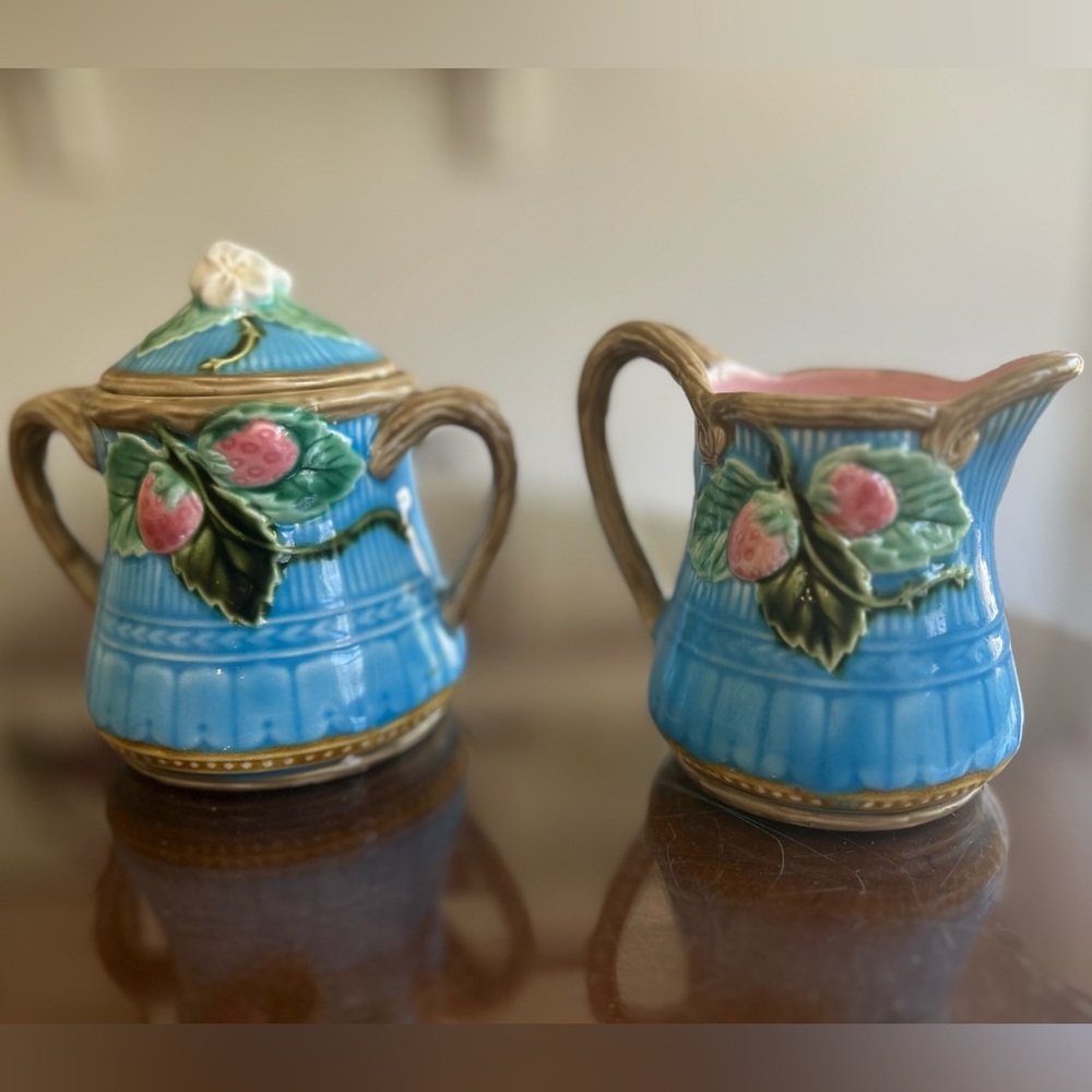Blue Majolica Ceramic Creamer and Sugar Set with Pink Strawberry Motif